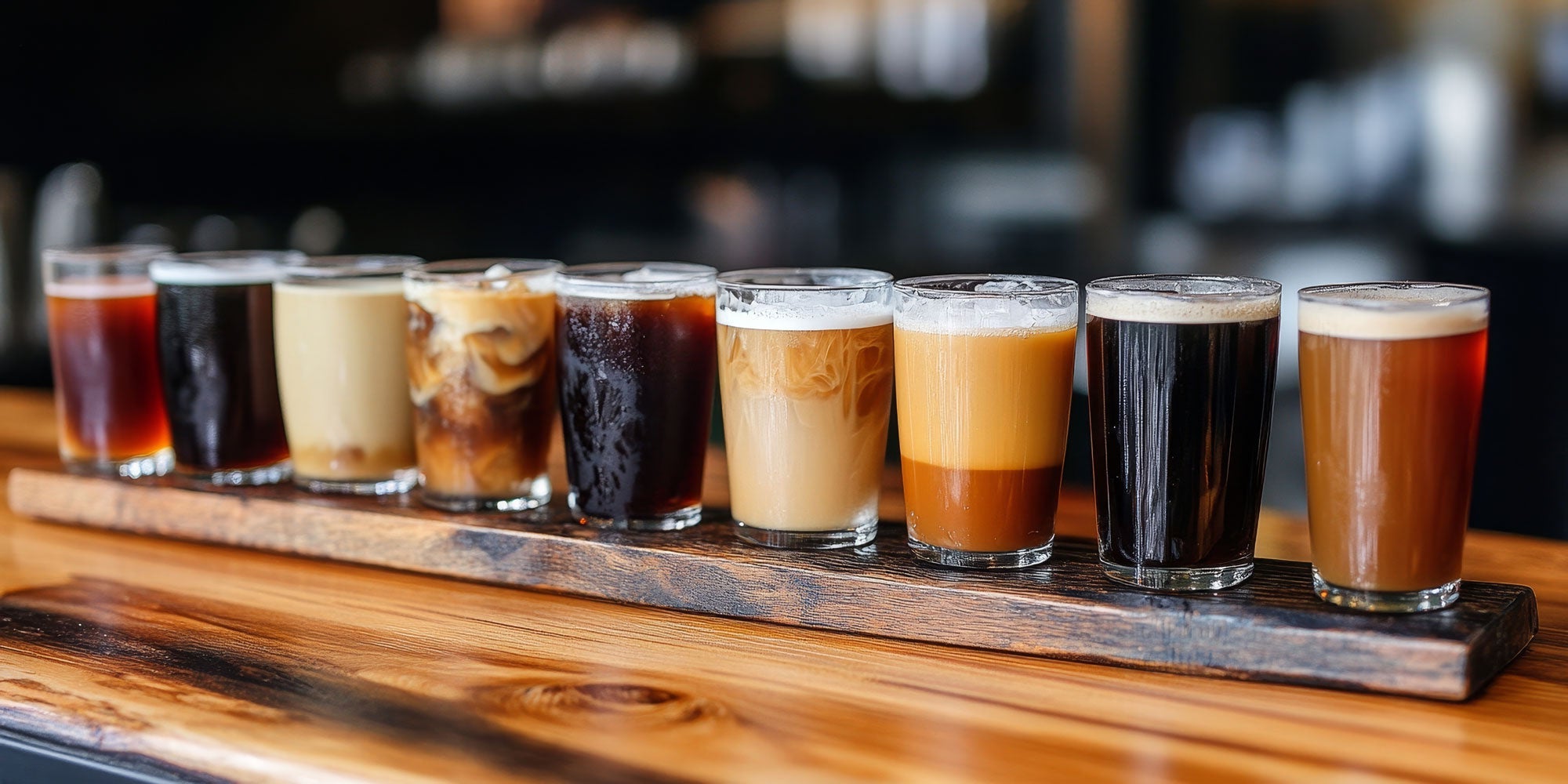 Pic of several cold brew drinks on a counter at a coffee cafe