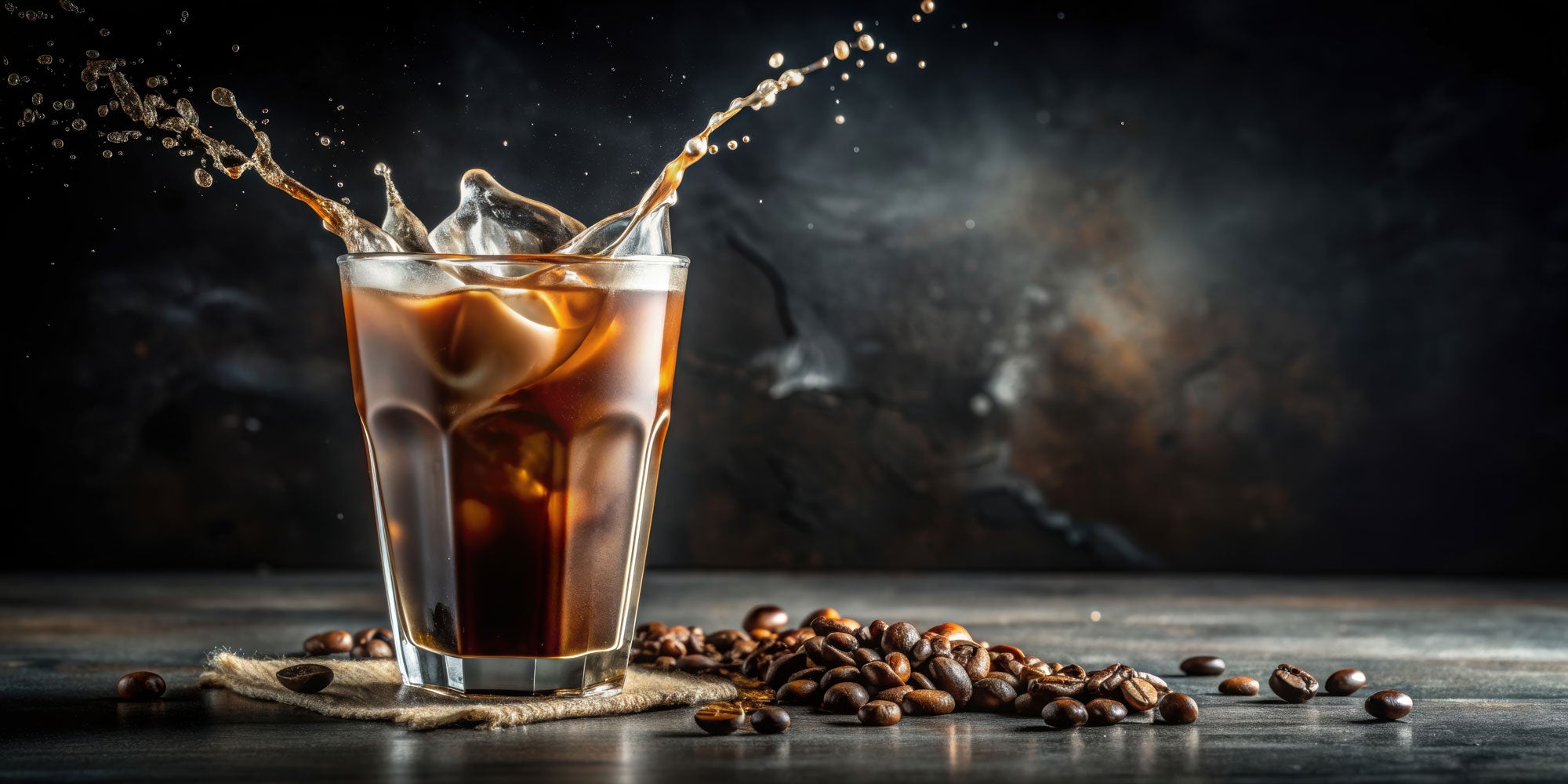 Image of cold brew in glass splashing with coffee beans surrounding it.